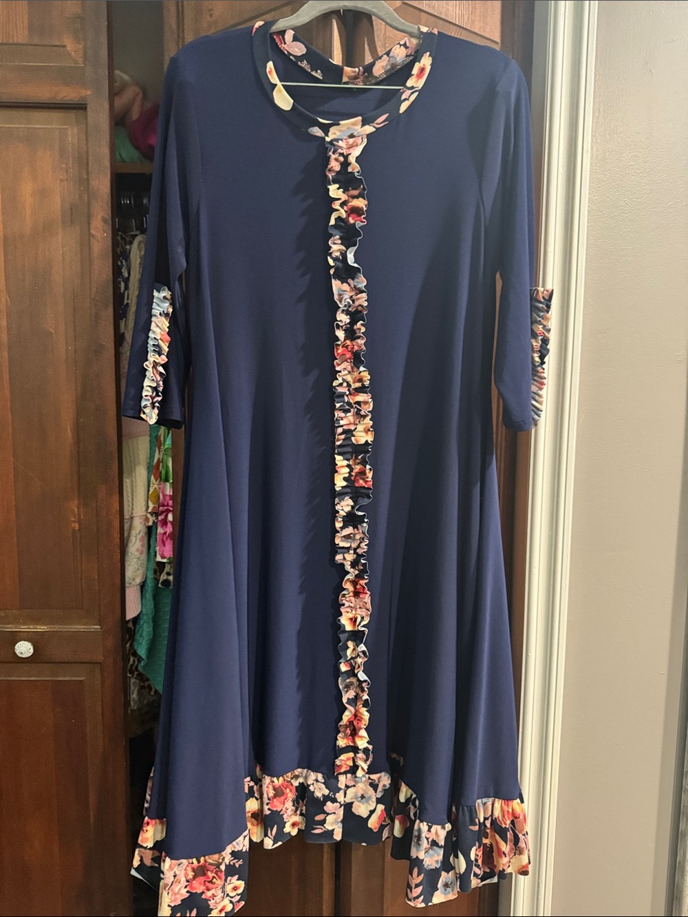 Custom Navy Floral Trim Swing Dress